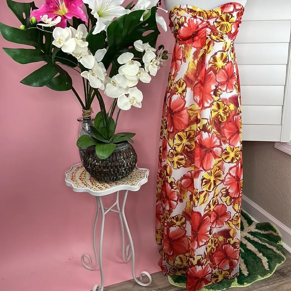 Xhilaration Strapless Tropical Fall Hibiscus Floral Maxi Summer Dress